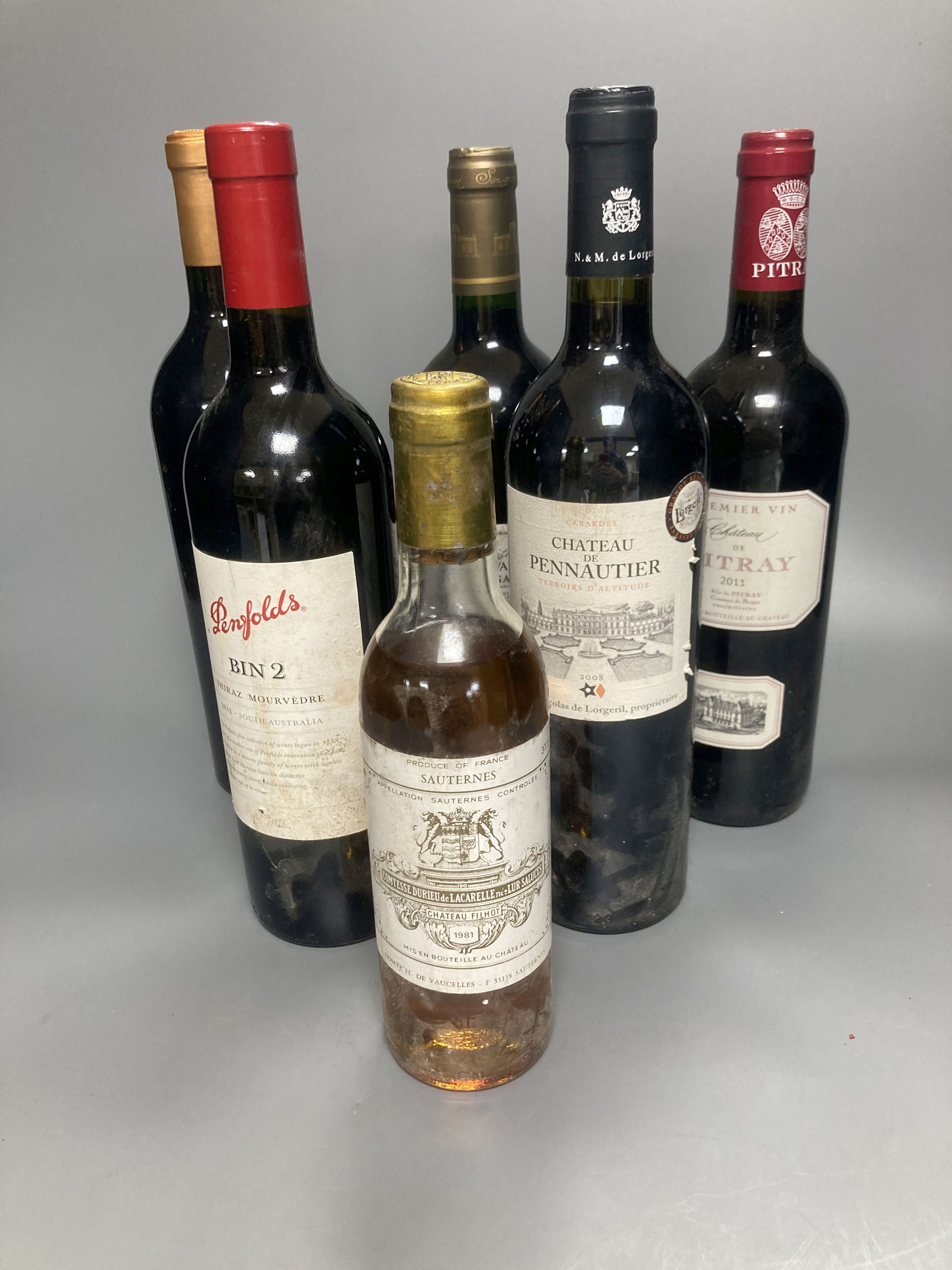 Five assorted red wines and a half bottle of Chateau Filhot, Sauternes, 1981.